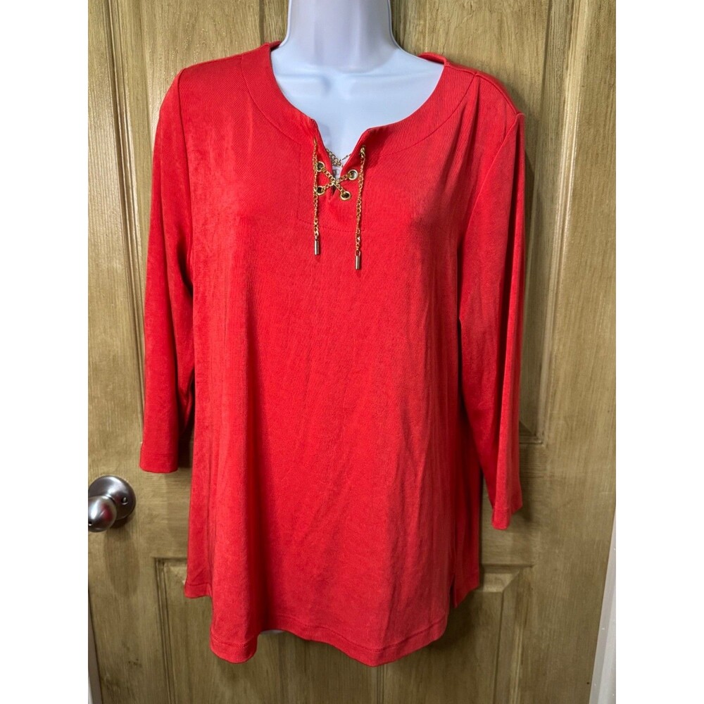 Chicos Blouse Womens 2 US Large Slinky Knit Lace Up Chain Travelers Orange